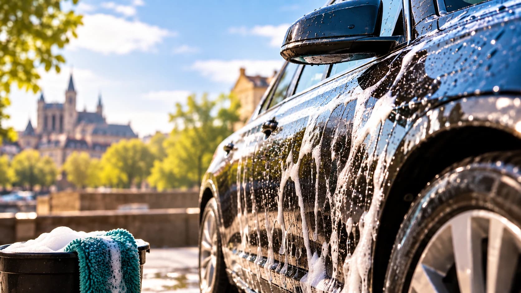 Voiture noire couverte de mousse de lavage, avec un seau et un gant de lavage en microfibre