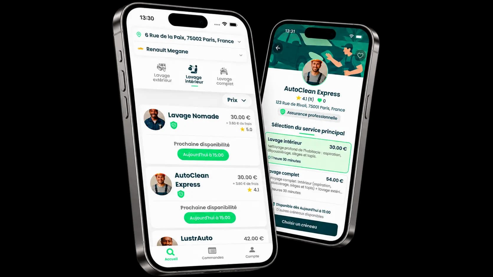 Aperçu de l'application DoctoCar : choix du professionnel et sélection des prestations