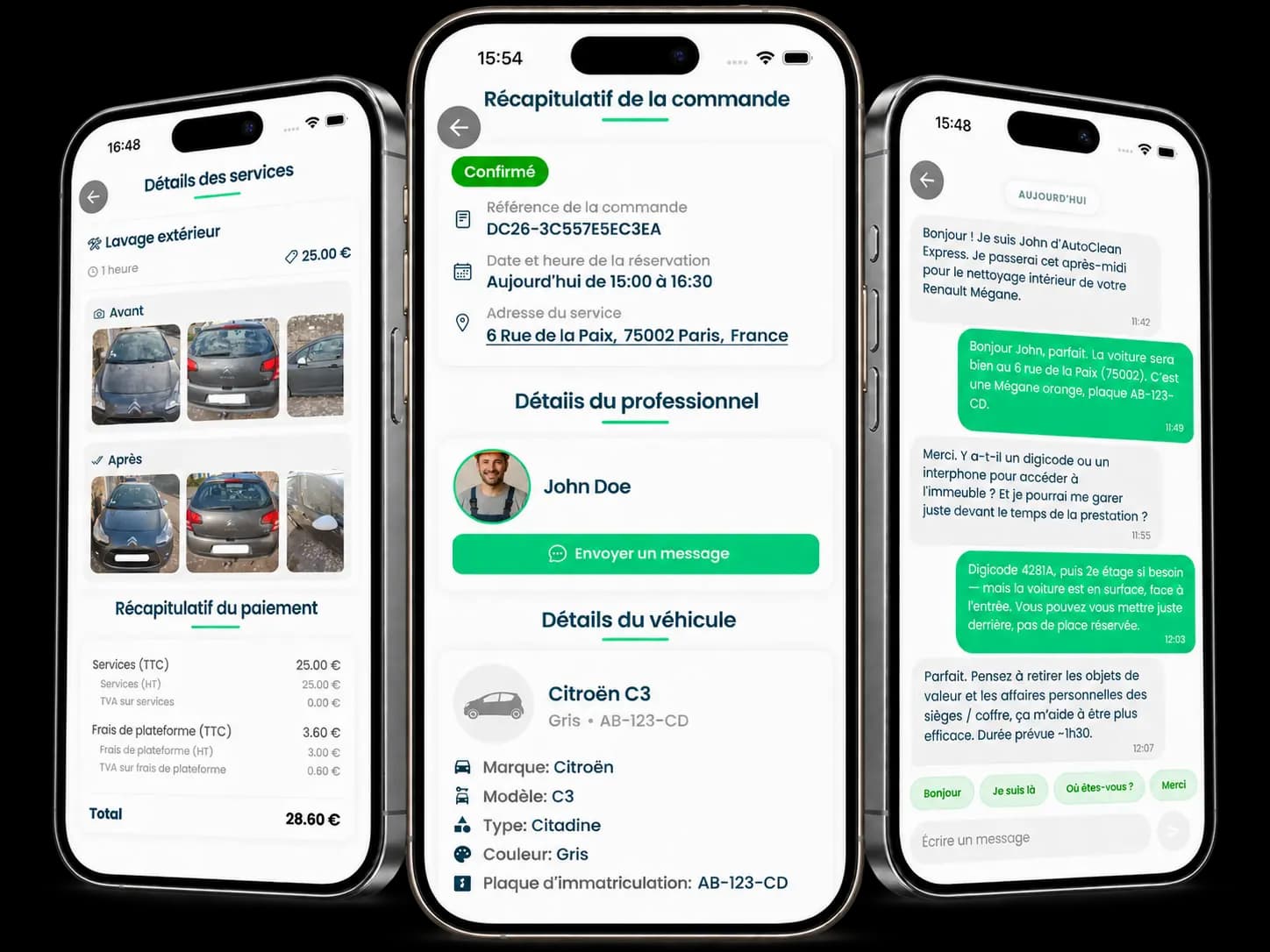Aperçu DoctoCar : photos avant/après, conversation avec le professionnel et résumé de commande