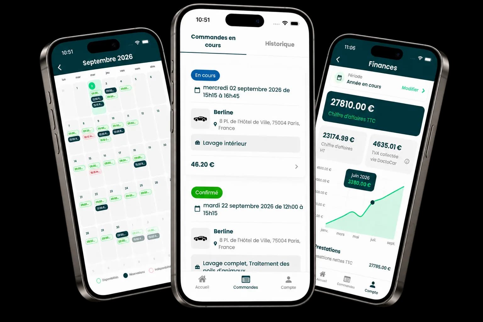 Aperçu de l'application DoctoCar Pro : commandes, planning et finances