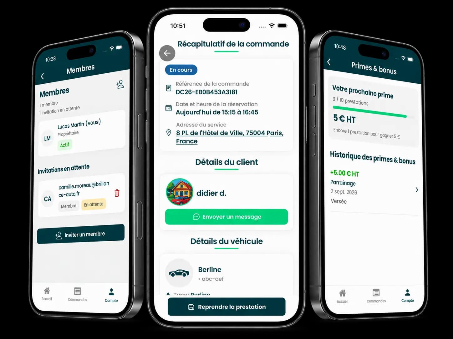 Aperçu de l'application DoctoCar Pro : détail des prestations, équipe et primes
