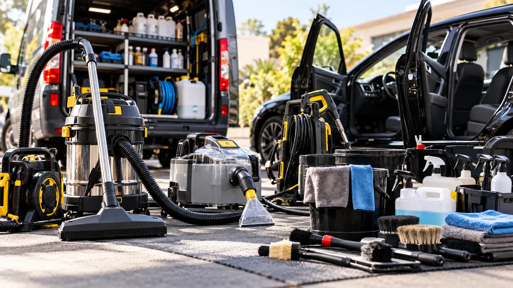 Matériel de lavage auto mobile professionnel : aspirateur, injecteur-extracteur, nettoyeur haute pression, microfibres et produits devant un utilitaire