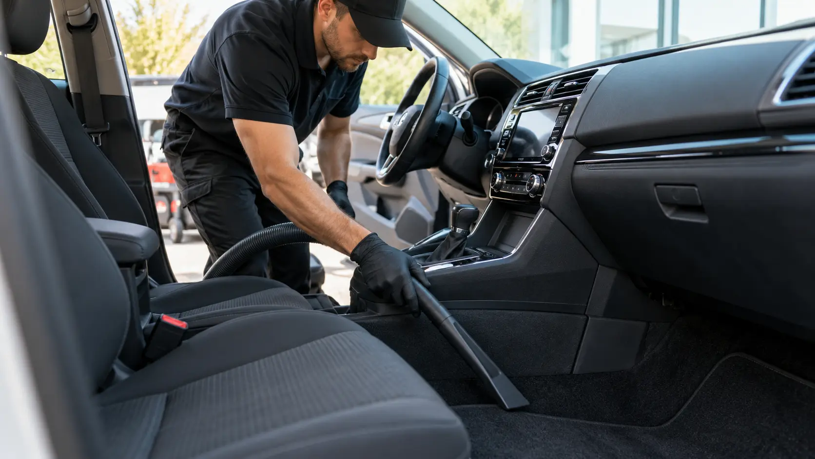 Un professionnel passe l'aspirateur dans l'habitacle d'une voiture